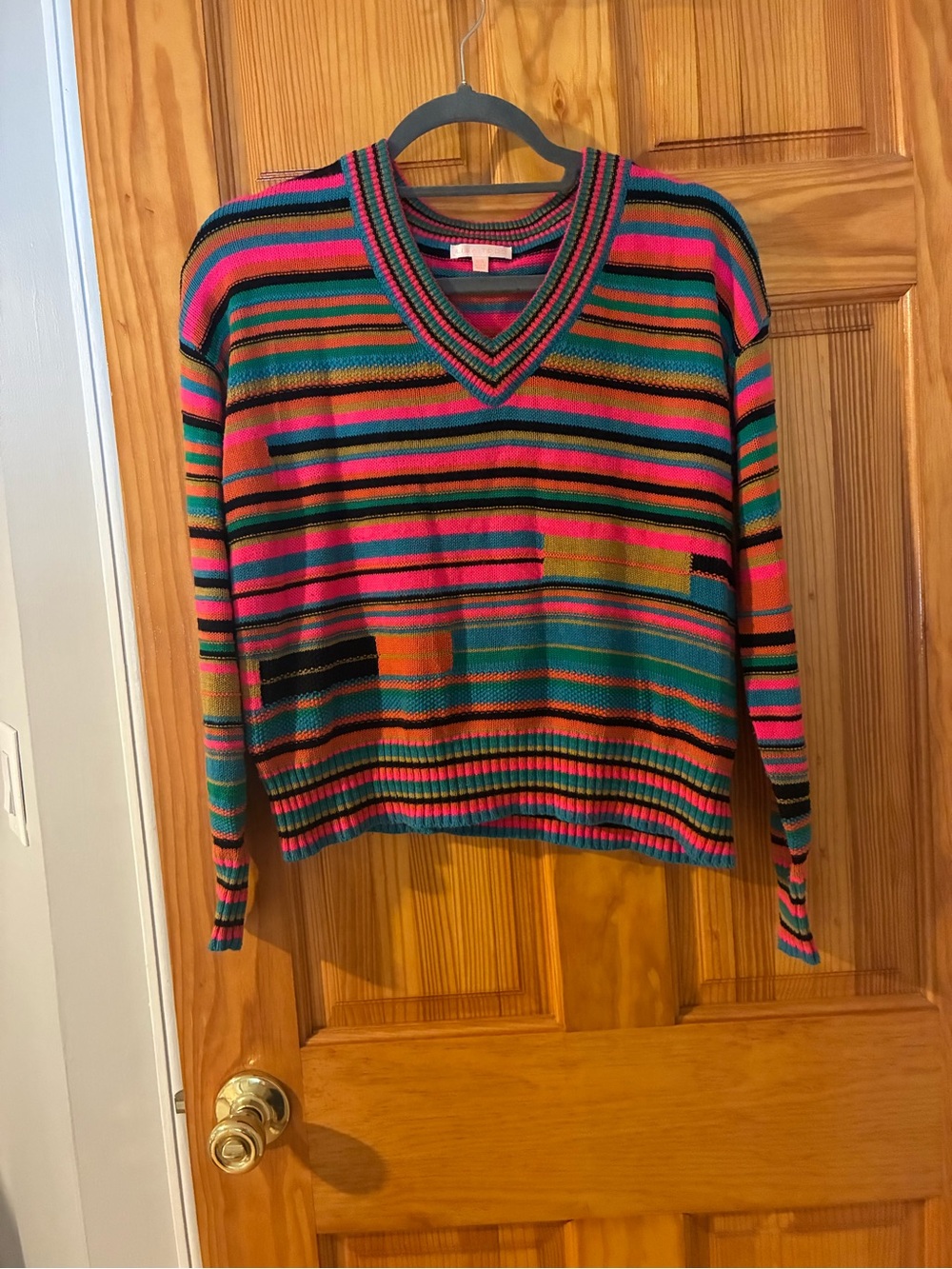 Lisa Todd Multicolor Striped V-Neck Sweater in Pink, Teal, Orange, Black, Green
